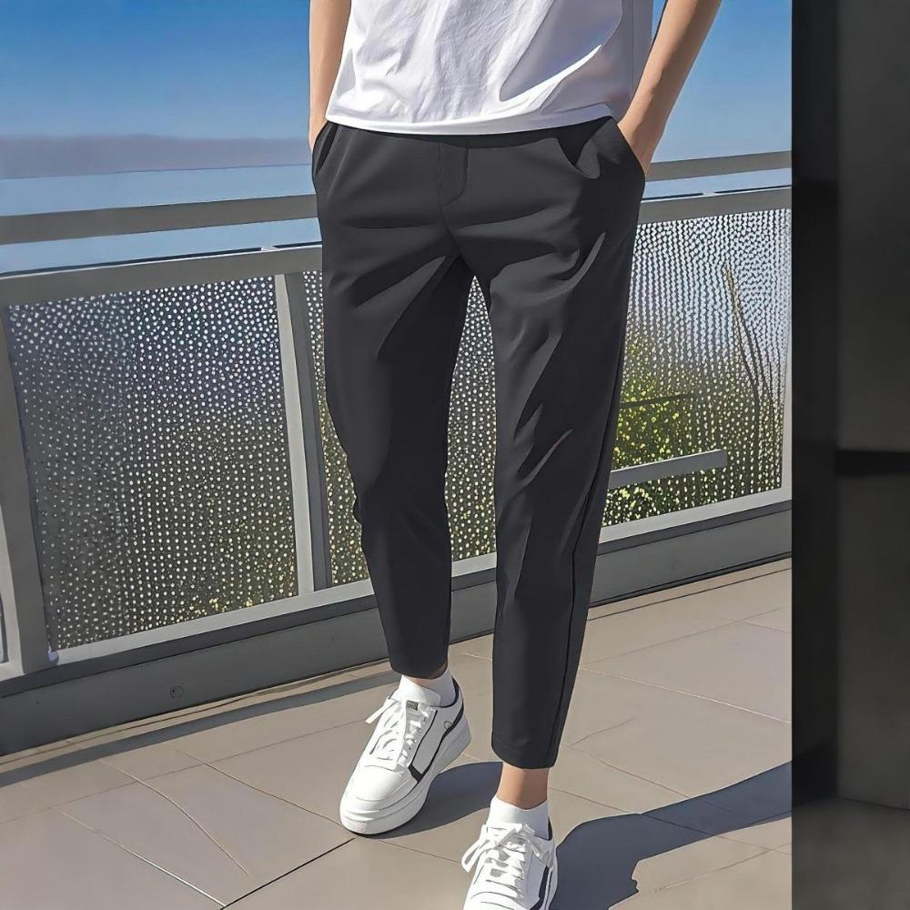 Summer Thin Ice Silk Nine-point Pants for Men's Casual Pants Trendy New Small Feet Slim and Loose Straight Young