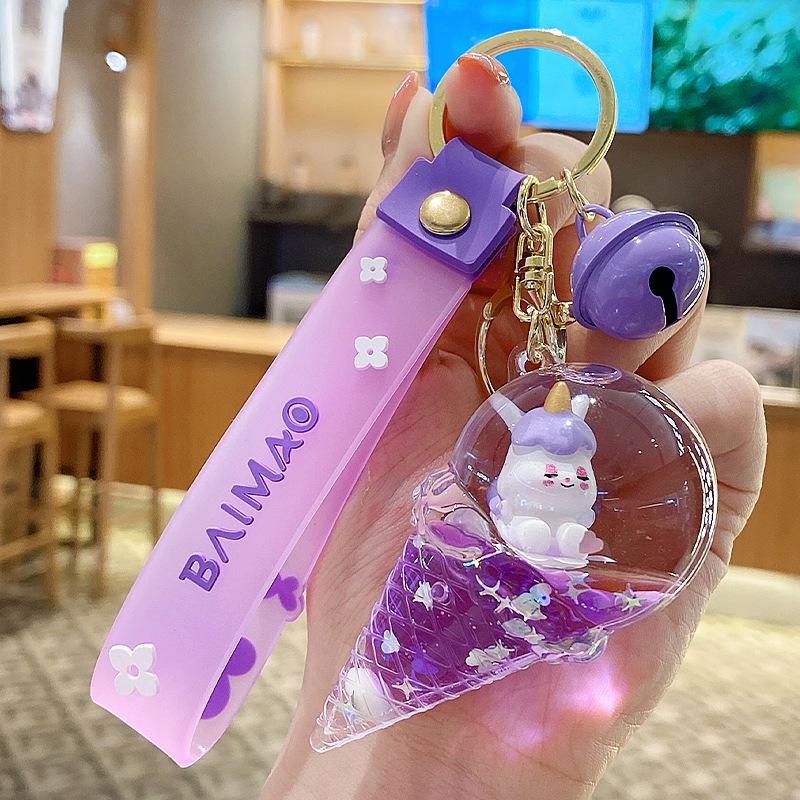 Lila Stern Flüssiger Treibsand Schlüsselanhänger mit Kirschblüten Öl-gefülltem Anhänger - Niedlicher 3D Rucksackanhänger für Frauen