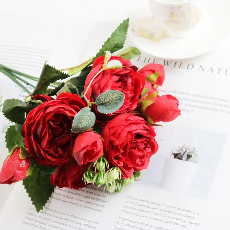 1 Bundle Silk Peony Bouquet Home Decoration Accessories Wedding Party Scrapbook Fake Plants Diy Pompons Artificial Roses Flowers