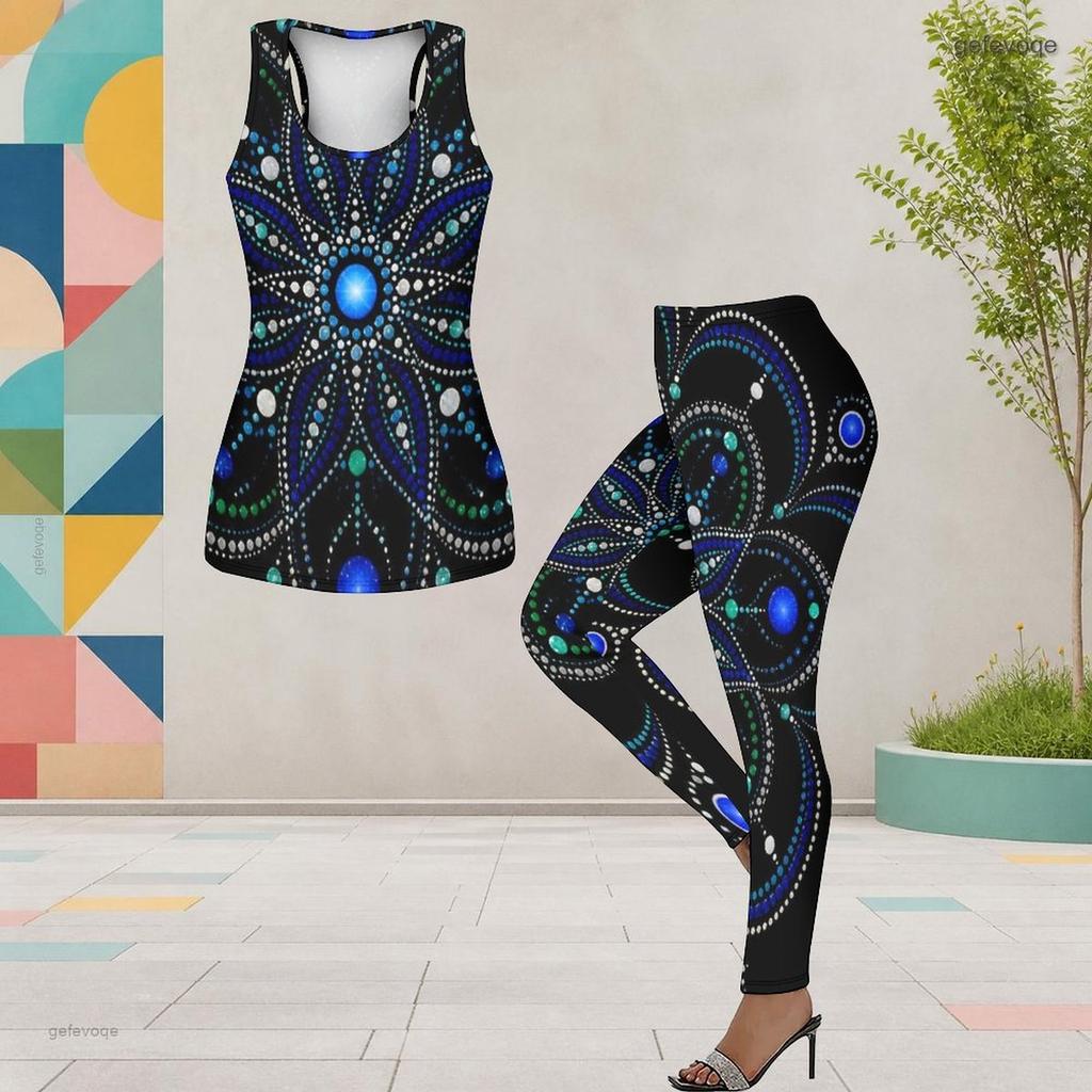 Women Plus Size Two Piece Set Scoop Neck Sleeveless Printed Tank Top And Fitted Leggings