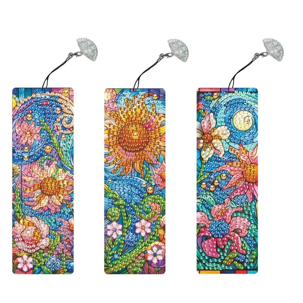 3Pcs Special Shape Flower Diamond Bookmark Art Projects Diamond Painting Bookmark Making Kit Diamond Art Bookmark with Pendant