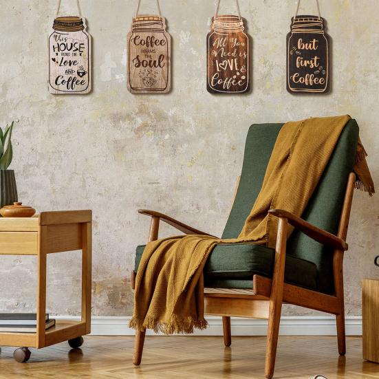 Coffee Bar Accessories 4Pcs Wooden Wall Sign, Farmhouse Rustic Mason Jar Hanging Restaurant Decorative Wood Plaque Decoration, Art for Cafe