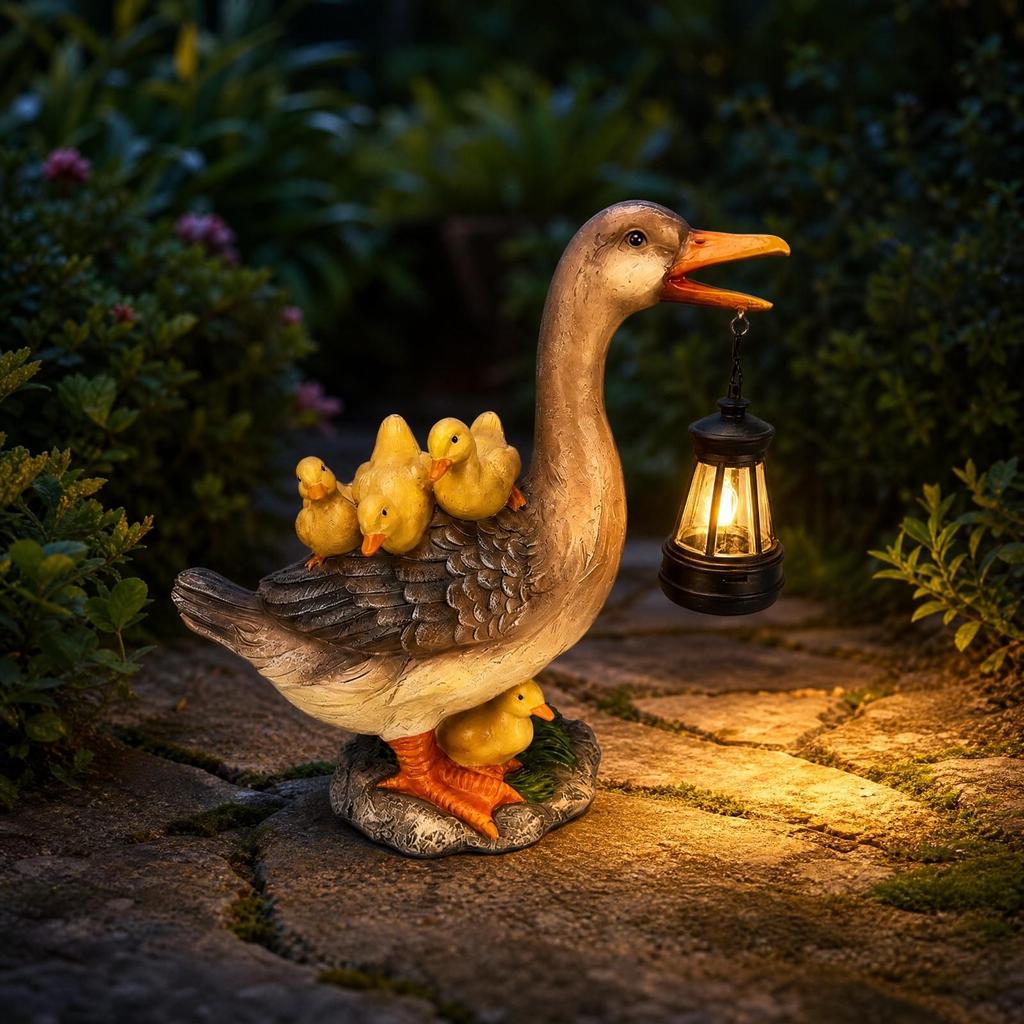 Photovoltaic Mallard Figurine Statue with Lantern WeatherResistant