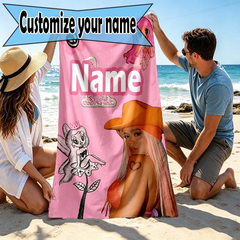 Custom Name Personalized Karol G Print Beach Towel, for Trip Camping Beach Party Home Decor, Birthday Gift for Family & Friends