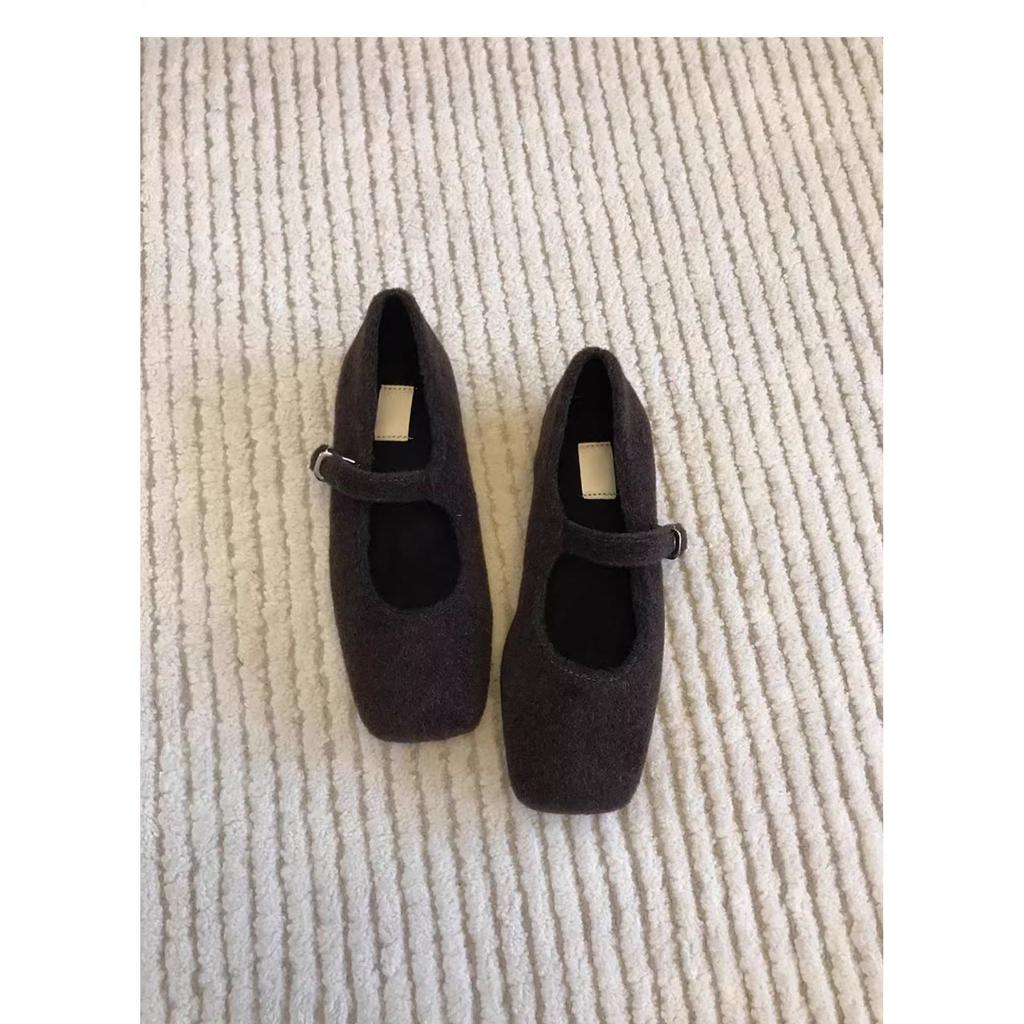 Nie, nie zmęczone stopy! Francuskie buty Mary Jane damskie 2025 nowe szare wełniane na jeden pasek z kwadratowym noskiem na płaskiej podeszwie z płytkim wycięciem czółenka