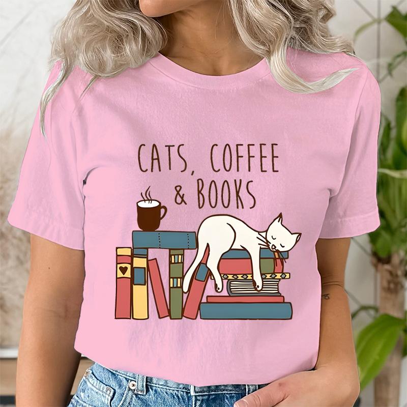 Cats Coffee Books Women Cute Bookworm TShirts Funny Book Lover T Shirt Vintage Reading Graphic Tees Female Bookish Tops Tshirt
