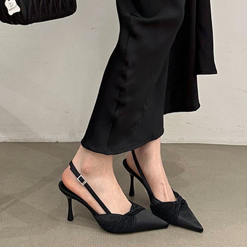 Spitze High Heels Damen Schwarz Neu Frühling und Sommer Flache Einzelne Schuhe Stiletto Tasche Kopf Sandalen