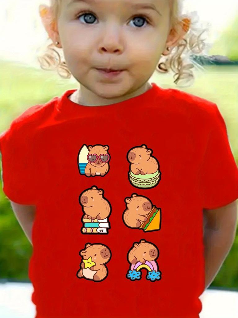 Cute Capybara Print Girls Summer Clothes Crew Neck T-Shirts for Girls Short Sleeve Tee Kids Clothes T-Shirts Girl Clothing