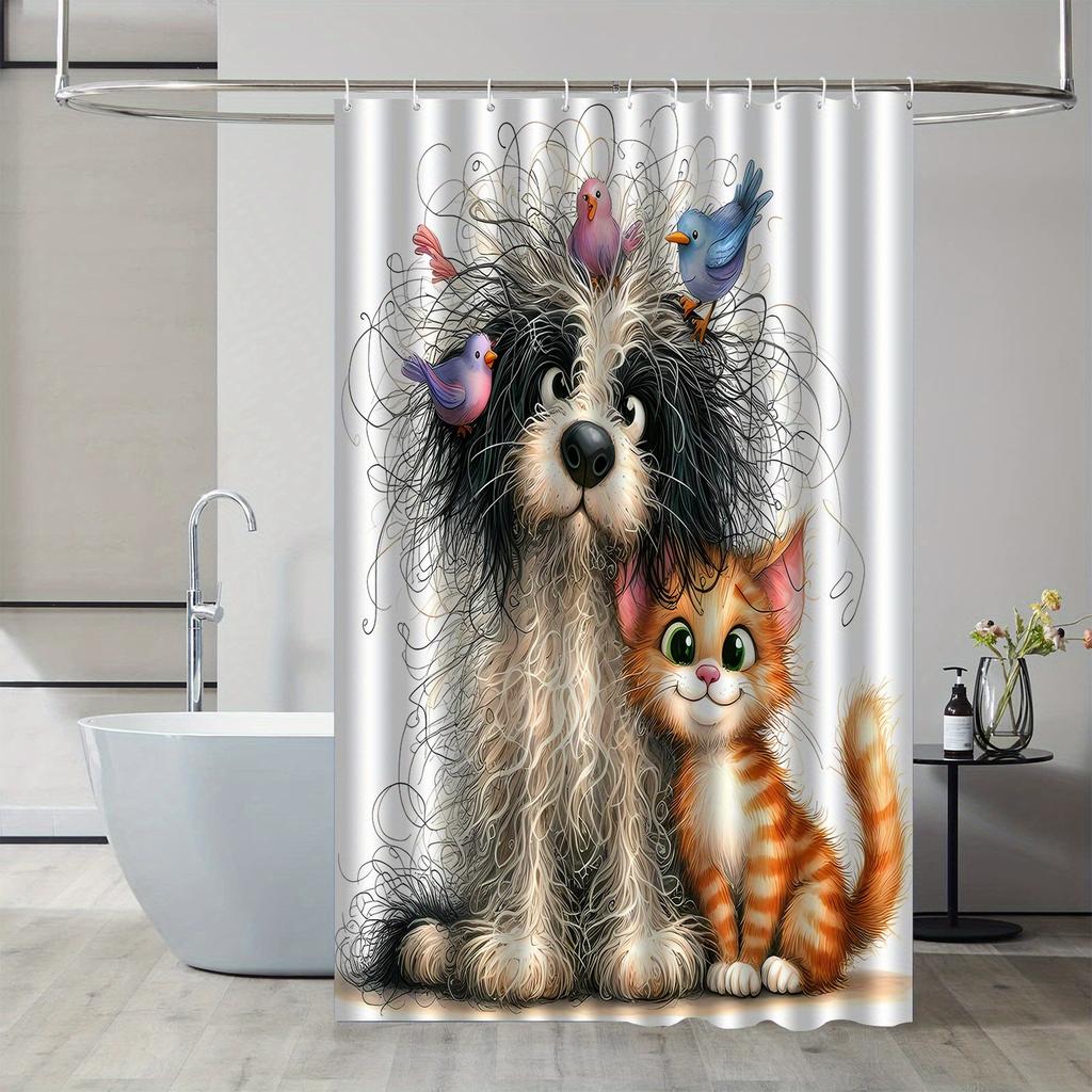 Cute Dog And Cat With Birds Shower Curtain 3D Printed Bathroom Decor Animal Theme Home Fashion Design Trend