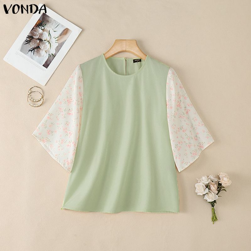 VONDA Summer Women O-Neck Print Splice 3/4 Sleeve Casual Loose Blouse S зелёный