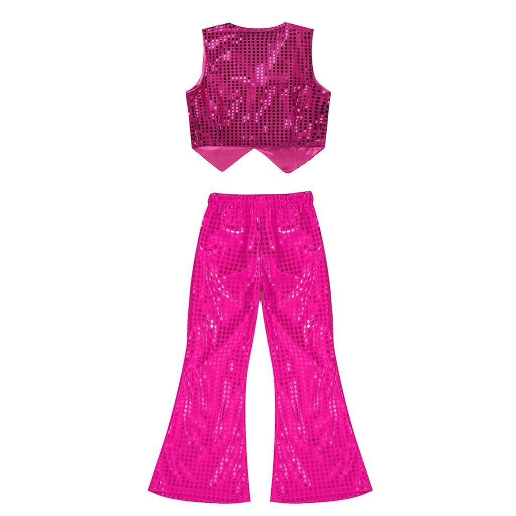 Kids Dance Costume Sparkly Sequined Waistcoat and Flowy Flared Pants Elastic Waistband Party Wear