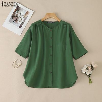 Dame Casual Rund Hals Ensfarvet 3/4 Erme Bomullsbluse