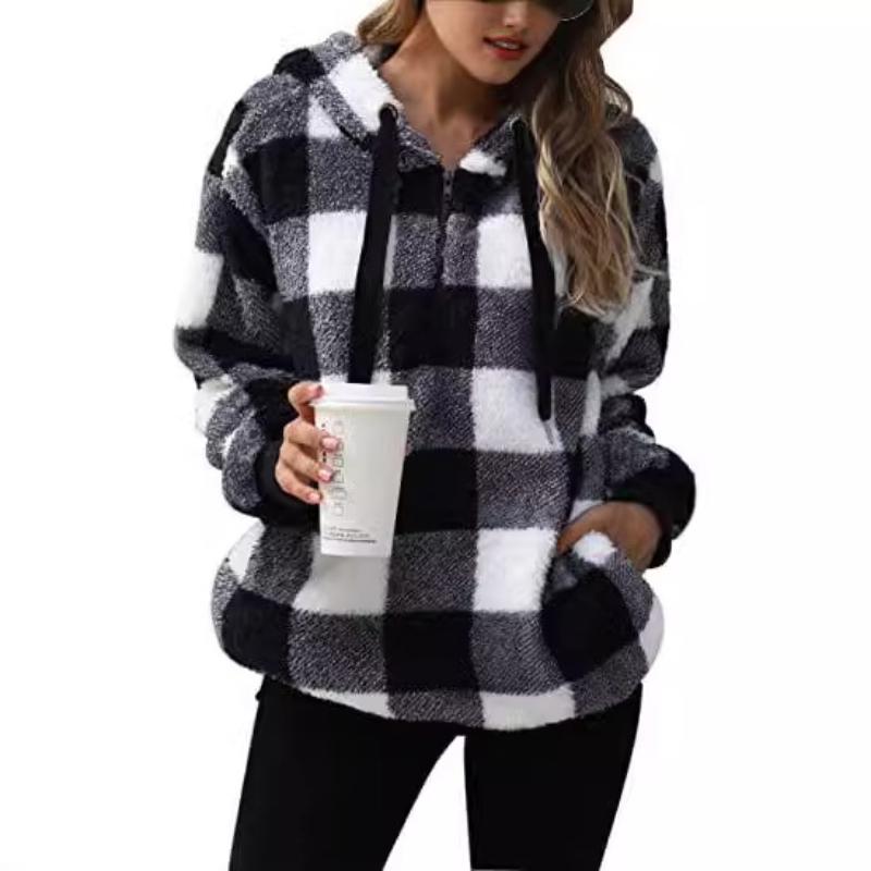 Plush Jacket, New for Autumn and Winter 2025, Long Sleeved Hooded Jacket, Plaid, Plush Women's Clothing, Hoodie, Warm Top, Multiple Colors