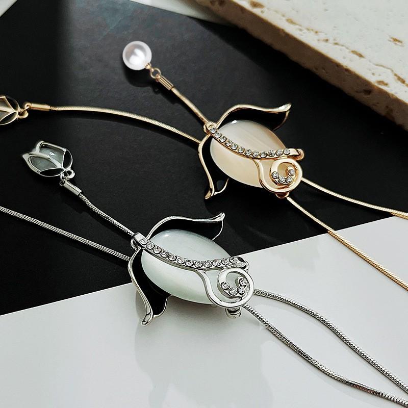 Elegant Long Pendant Necklace With Tulip Cats Eye Stone Flower Design Women Gold Or Tone Alloy Snake Chain 81cm