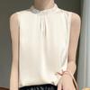 Sleeveless Blouse Ruffled Mandarin Collar Satin Tank Top