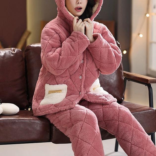 Süße warme wattierte Baumwolle kann draußen getragen werden dreilagiger Pyjama Damen Winter Loungewear verdickt saisonal große Größe