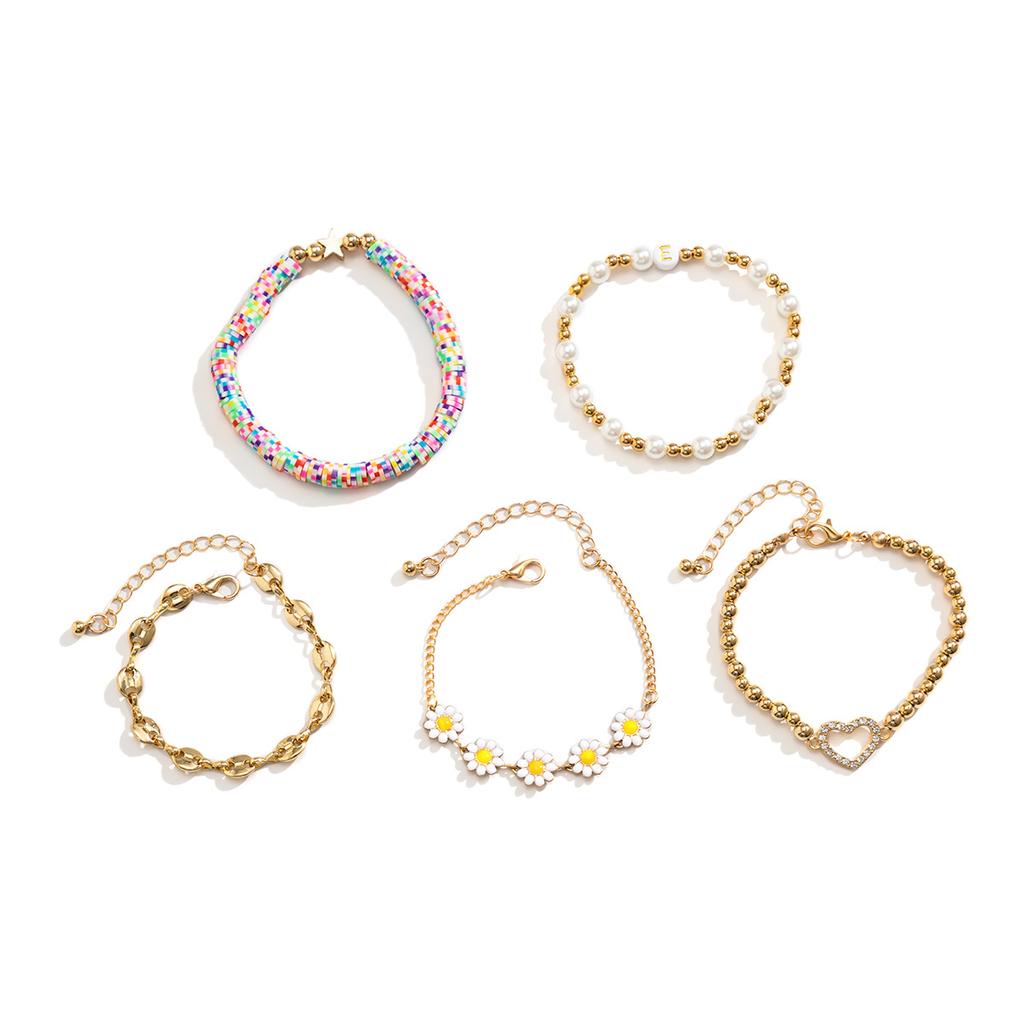 Metal Wind Pig Nose Buckle Round Bead Chain Bracelet, Creative Small Daisy Color Soft Pottery Jewelry
