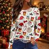 Women's Long Sleeve Christmas Tree Print Top with Side Slit Hem and Round Neck - Holiday Casual Blouse