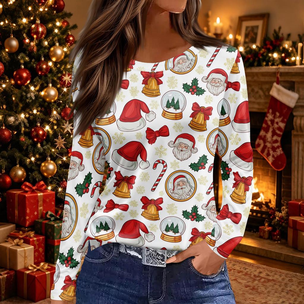 Women's Long Sleeve Christmas Tree Print Top with Side Slit Hem and Round Neck - Holiday Casual Blouse
