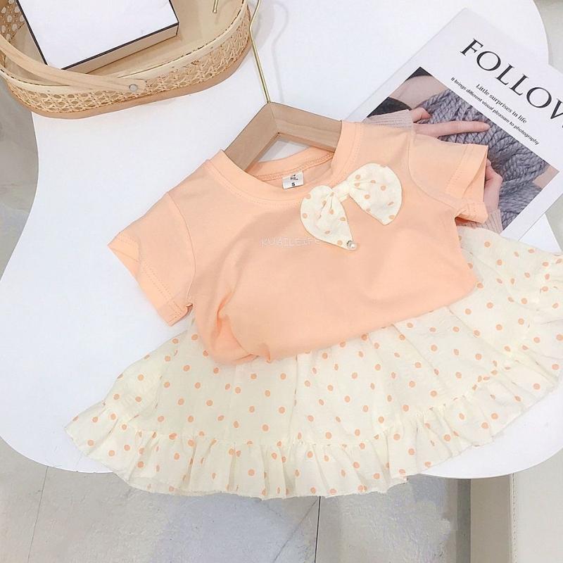 2Pcs/Set Children Set Baby Girls Short Sleeve Summer Clothes Suit Casual Toddler Bow Tops + Dot Short Skirt Print Clothing