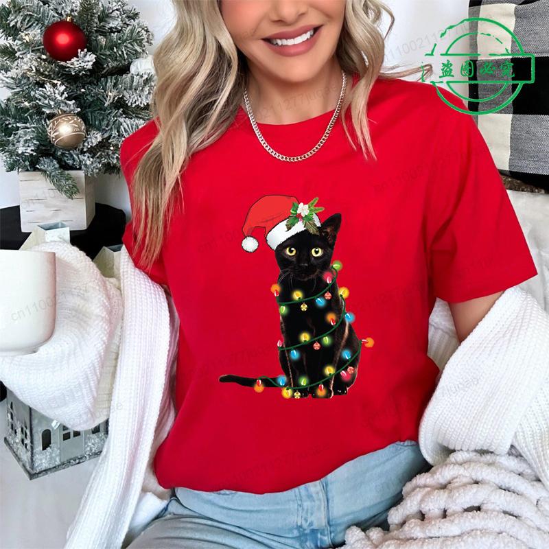 

Summer Round Neck 3D Christmas Black Cat Pattern Print Top Fashionable Casual Short Sleeved Women s T-shirts XS
