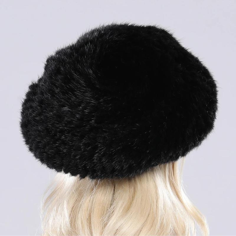 New Winter Lady Natural Mink Fur Beanies Hat Knit Warm Striped Genuine Mink Fur Caps Women Good Elastic Real Mink Fur Hat