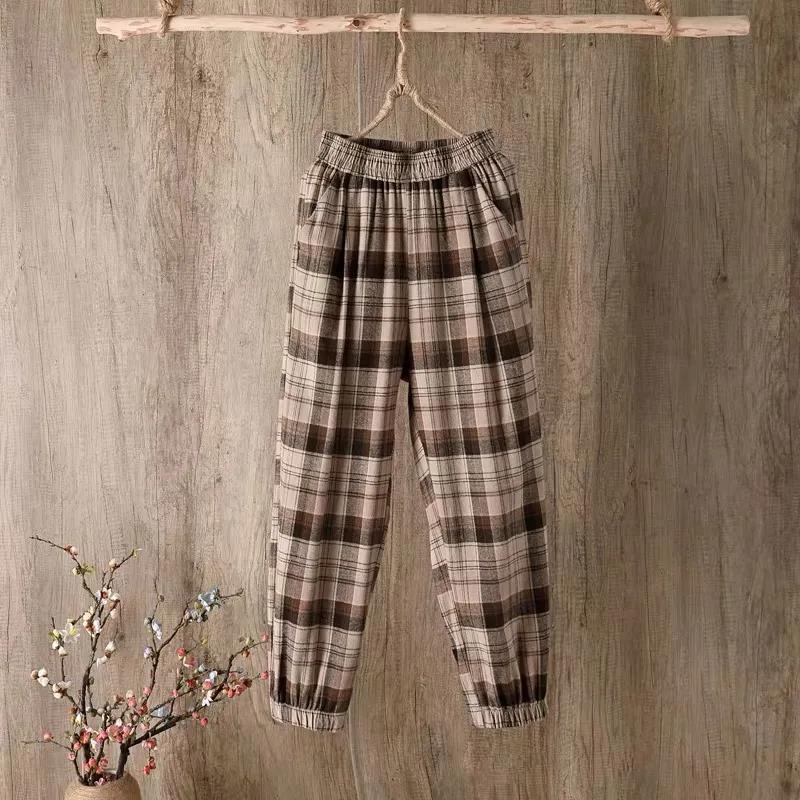 WTEMPO Plaid Pants Women Loose and Thin Elastic Waist Straight Casual Pants Size M-XXXXL