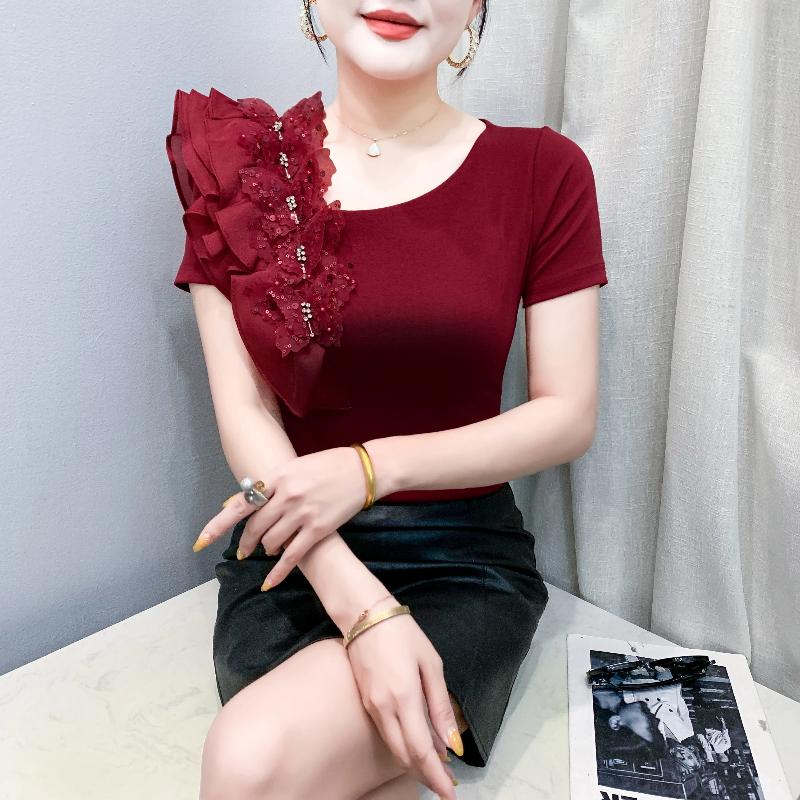 

Новый Летний Европейский Бренд Одежды Женская Футболка Сексуальные Топы с Блестками и Рюшами Женская Блестящая Футболка с Бриллиантами M красный