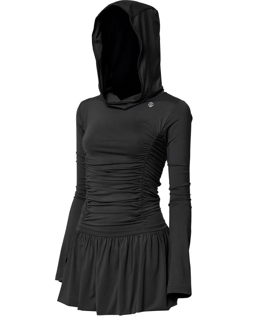 Peulleeoeob Hooded High Neck Long Dress (Fl-185_Black)
