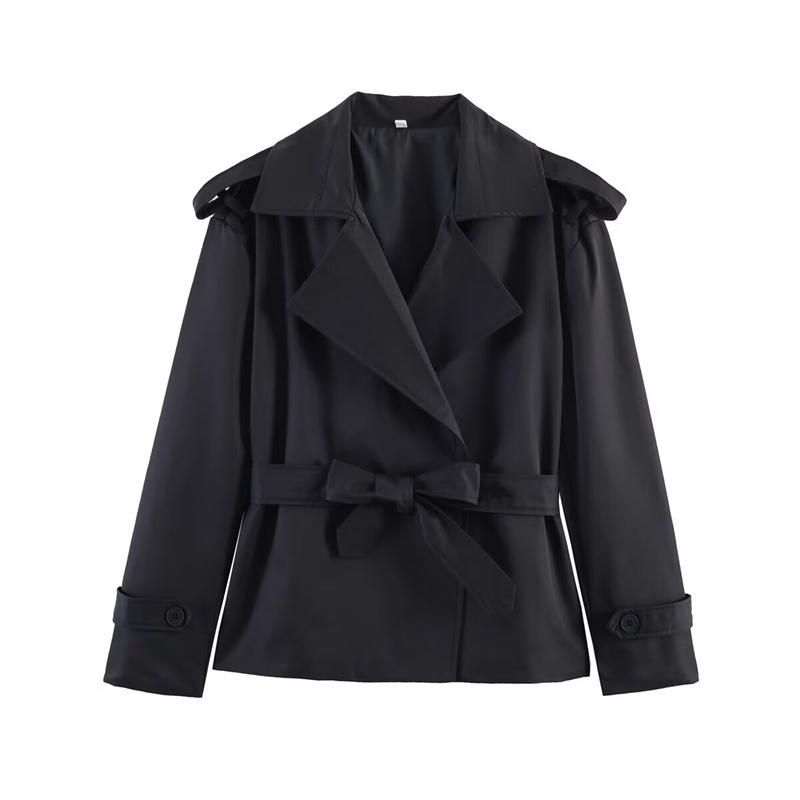 Women's Western-style Solid Color Belted Short Jacket Trench Coat Outerwear
