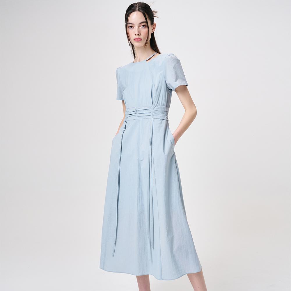 Etmont Neck Cut-Out Shirring Dress, Sky Blue