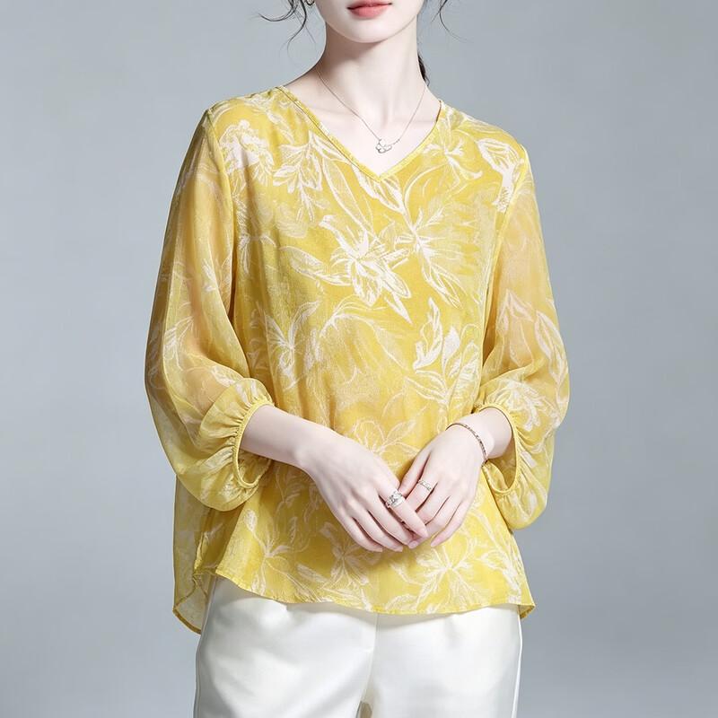 Women s 100% Mulberry Silk Printed V-Neck T-Shirt L