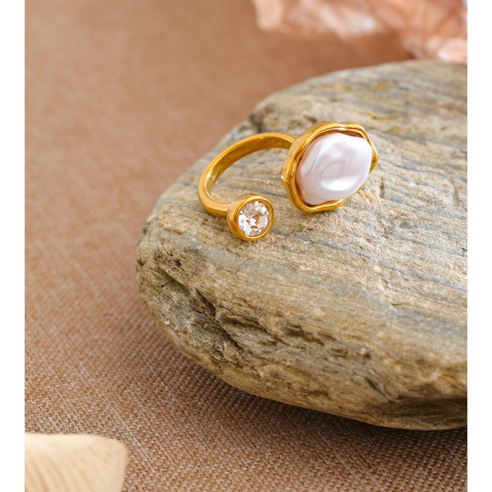 Yhpup Stainless Steel Baroque Simulated Pearls Zircon Adjustable Ring 18K Gold Color PVD Plated Exclusive Chic Fashion Jewelry