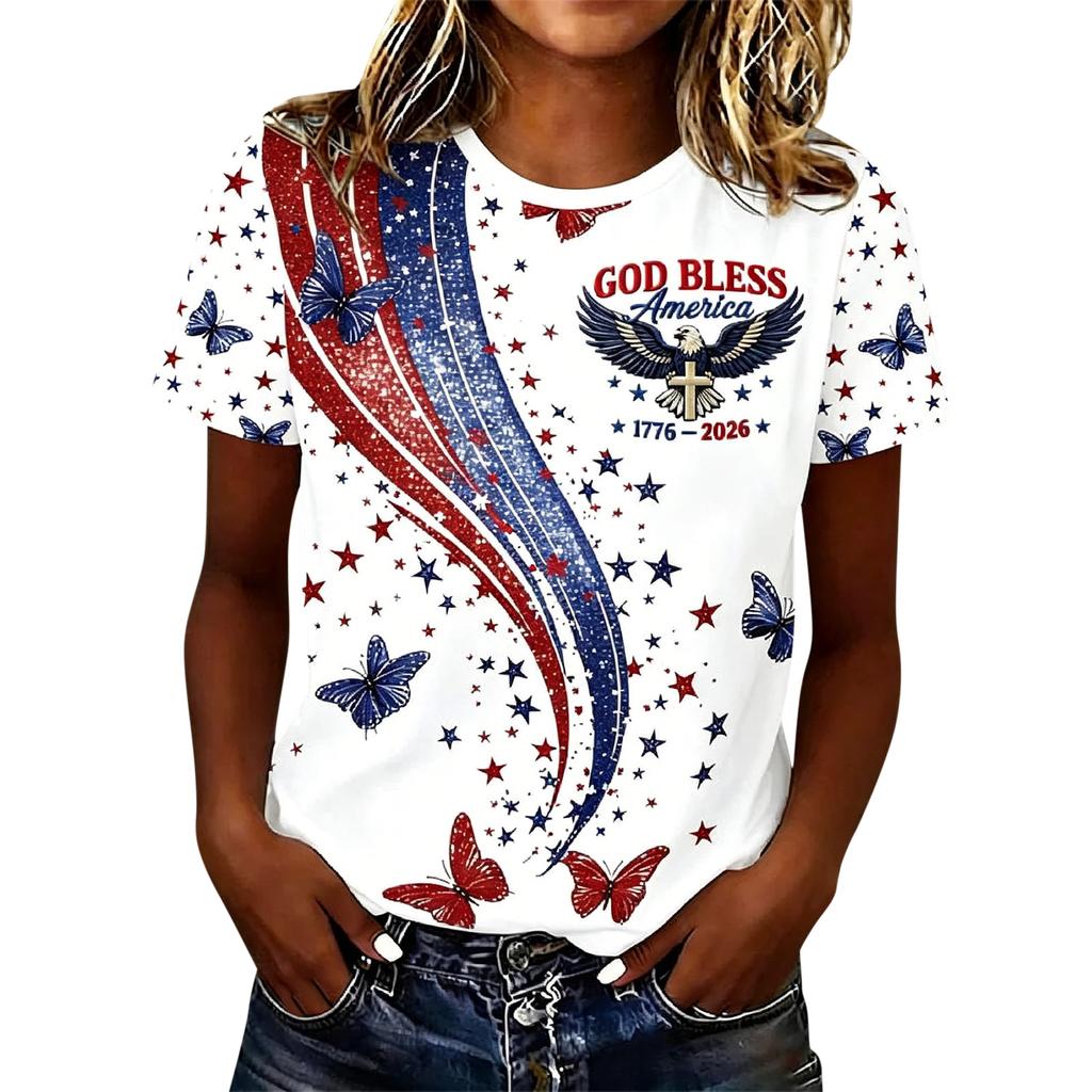 Women Casual V Neck Short Sleeve Pullover T Shirt Independence Day Graphic Top Lightweight Comfortable Fit