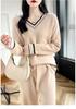 Women's Color-Block V-Neck Long Sleeve Loose Wool Pullover Sweater