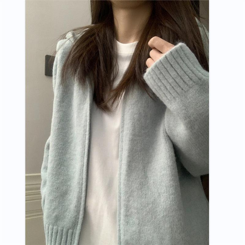 Double Zipper Hooded Sweater Jacket Women's Autumn New Gentle Wind Skinny Age Reduction Temperament Short Knitted Cardigan Women