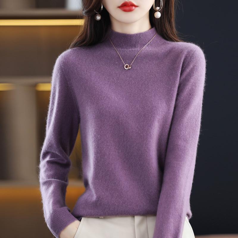 Women's Seamless Wool Knit Sweater - Short, Loose, Half-High Neck, Solid Color for Autumn and Winter