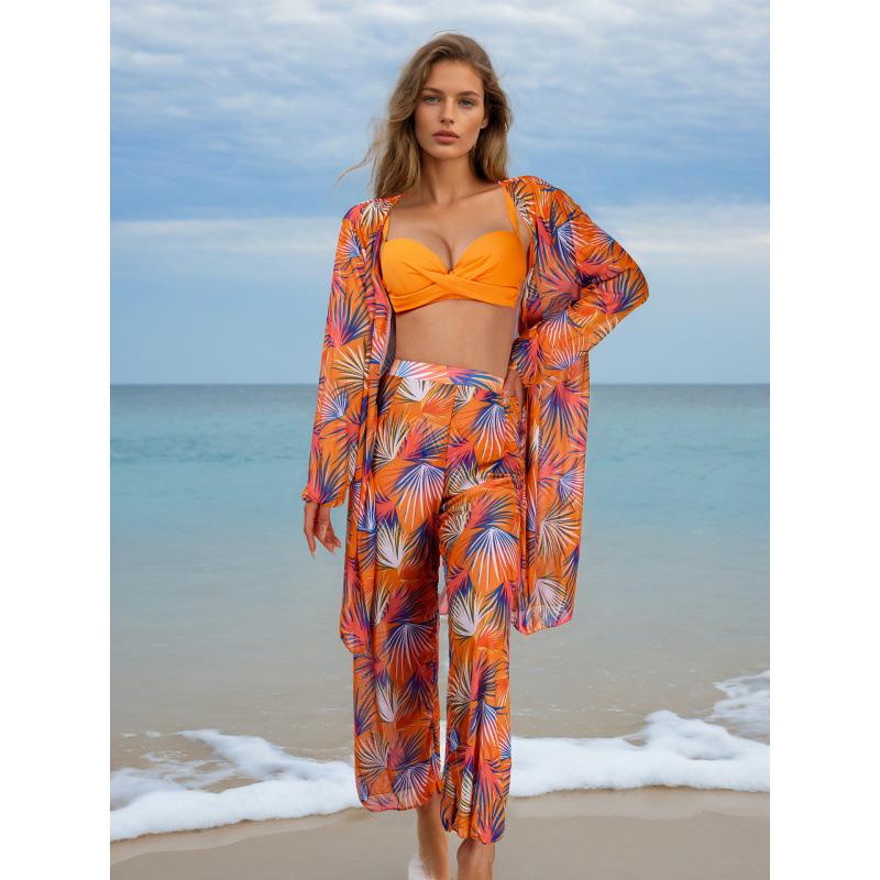 2026 Women's Four-Piece Bikini Set with Sun Protection: Includes Long-Sleeved Cover-Up, Trousers, and Swimwear for Beach or Hot Springs.
