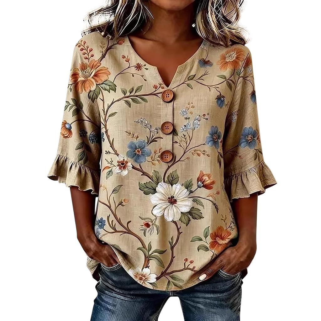 Womens V Neck Floral Print Button Front Loose Fit Top with Ruffle Sleeve Casual Blouse for Everyday Wear
