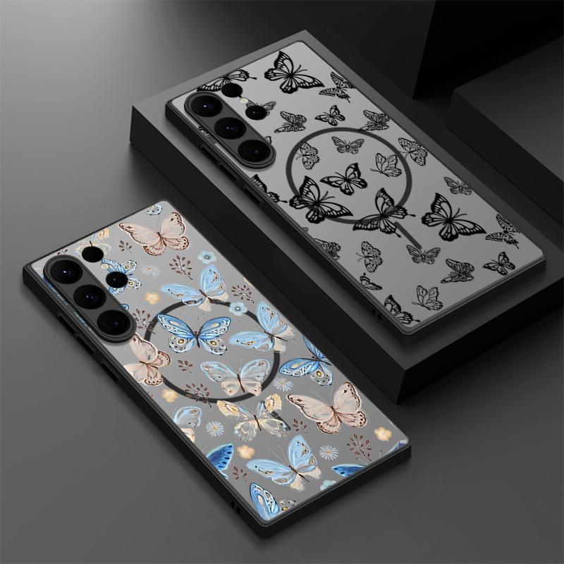 Butterfly Pattern Case For Samsung Galxy S26 Ultra S25 Edge S24 S23 S22 Plus S21 FE Magnetic Thin Ring Skin Texture Cover