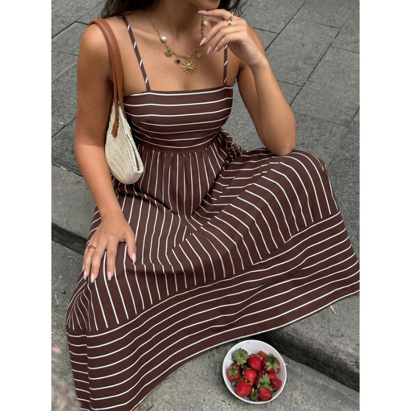 Women Striped Backless High Waist Suspender Maxi Casual Vacation Dress