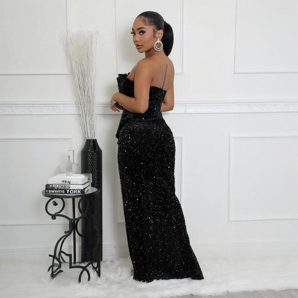 Women's Sequined Evening Dress Sexy Strapless Irregular Dress