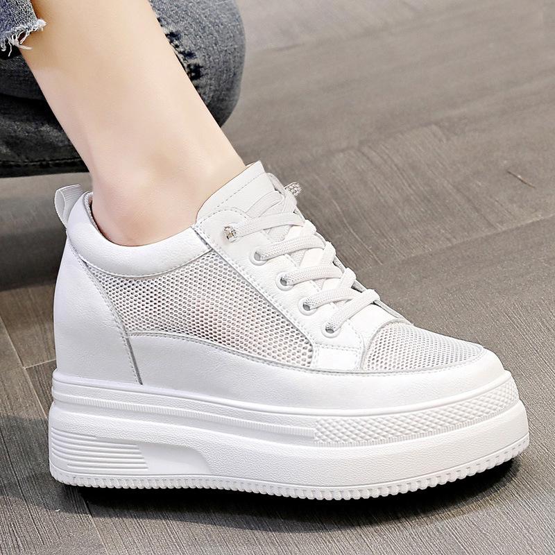 

2025 Trendy Women s Breathable Platform Wedge Leather Low-Top Elastic Mesh Shoes with Hidden Heel 37