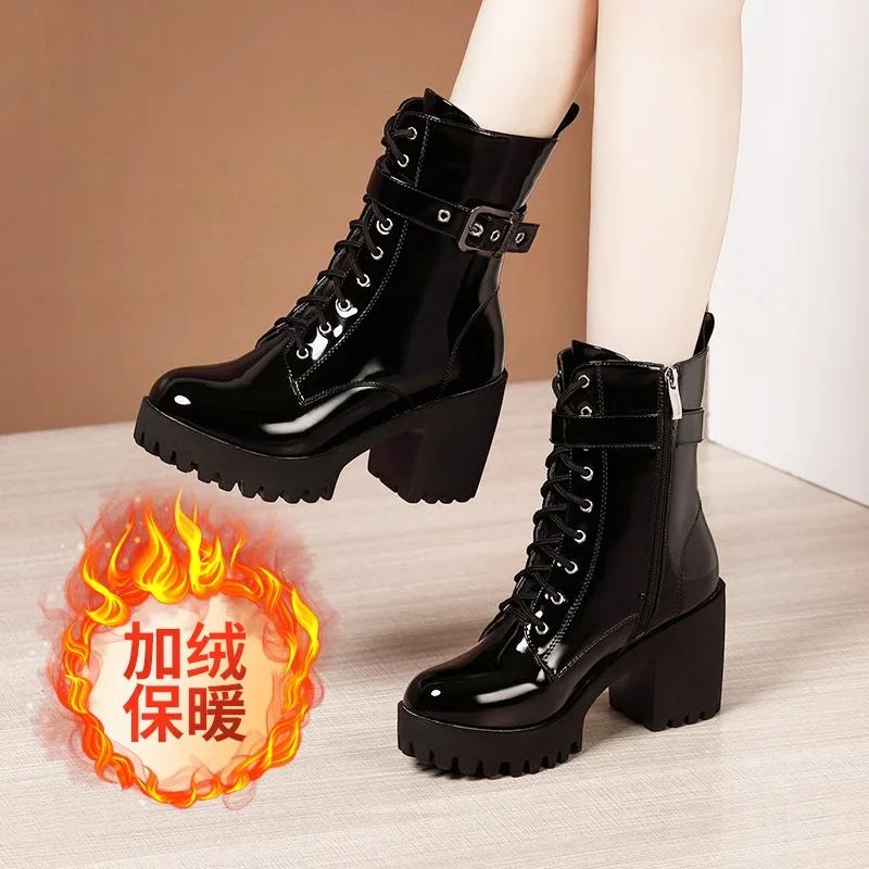 

Великі розміри 32-43 Взуття на платформі Жіночі черевики до щиколотки Шкіряні 2025 Осінь Зима Чоботи на високих підборах Жіночі Плюшеві Мотоциклетні Боти 38