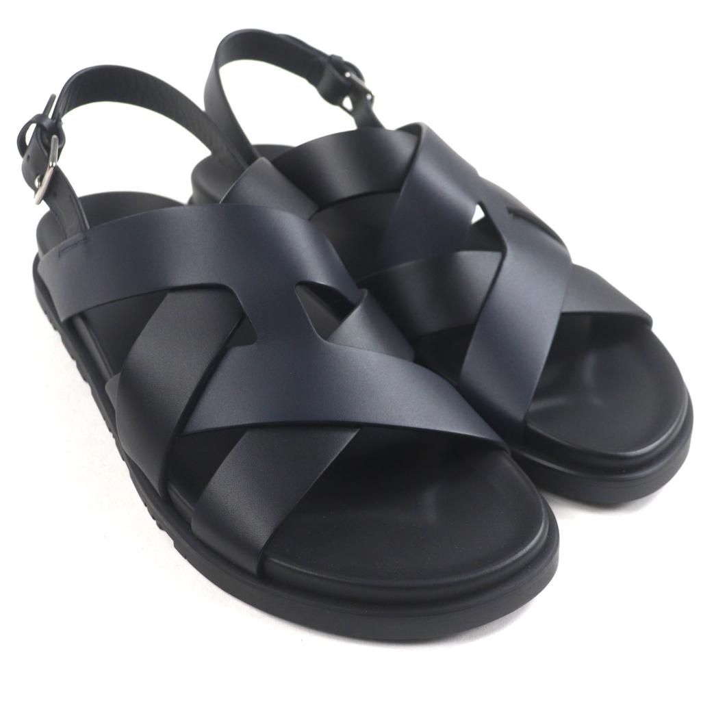 Pristine HERMES Sandals Hercules Black Navy Leather Mens 44 Used