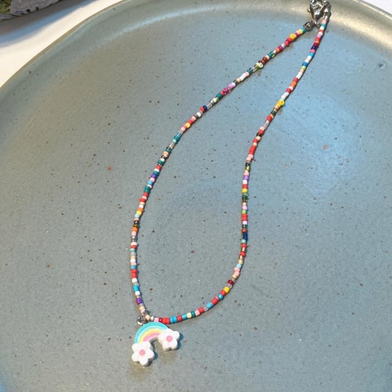 Fashionable Sweet Beads Necklace Short Choker Y2K Colorful Jewelry Pendant Necklace Rice Beads Material for Women Girls
