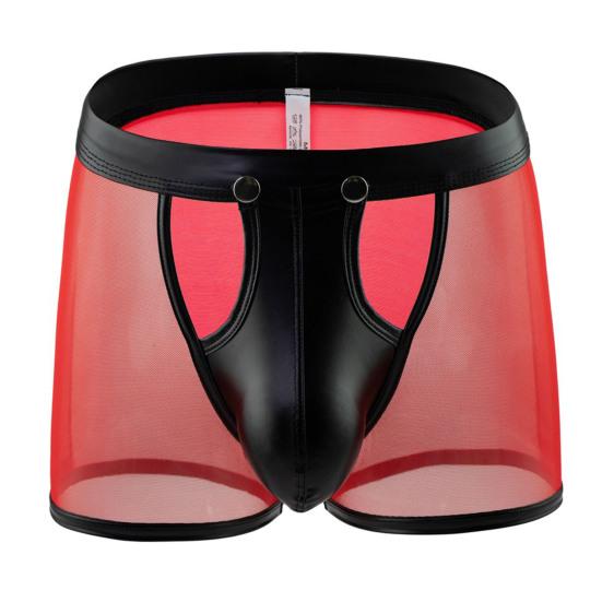 Sexy Herren-Unterhose, leicht zu öffnen, hohl, niedrige Taille, durchsichtiges Netz, Kunstleder, Patchwork, dünn, weich, atmungsaktiv, Boxershorts für Männer