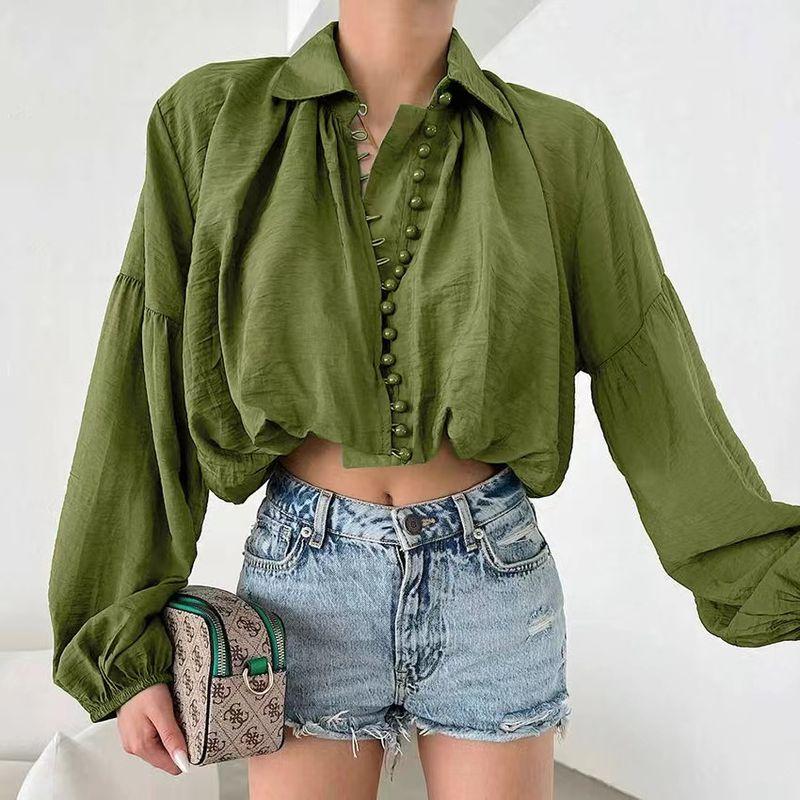 

Western Style New Loose Simple Shirts Champray Temperament Shirt Loose Bubble Sleeved Shirt Green L