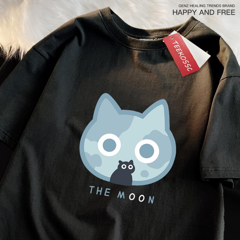 The Moon Blue Cat Fun Japanese Style Men Women T-Shirts Cotton Oversized Short Sleeve Shirt Loose T-Shirt Breathable Casual Tops