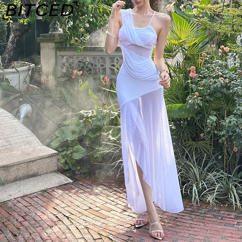 BITCED Summer Women's Solid-Colour Slim-Fit High-Waisted Fashion Strapless Sleeveless Mesh Dress